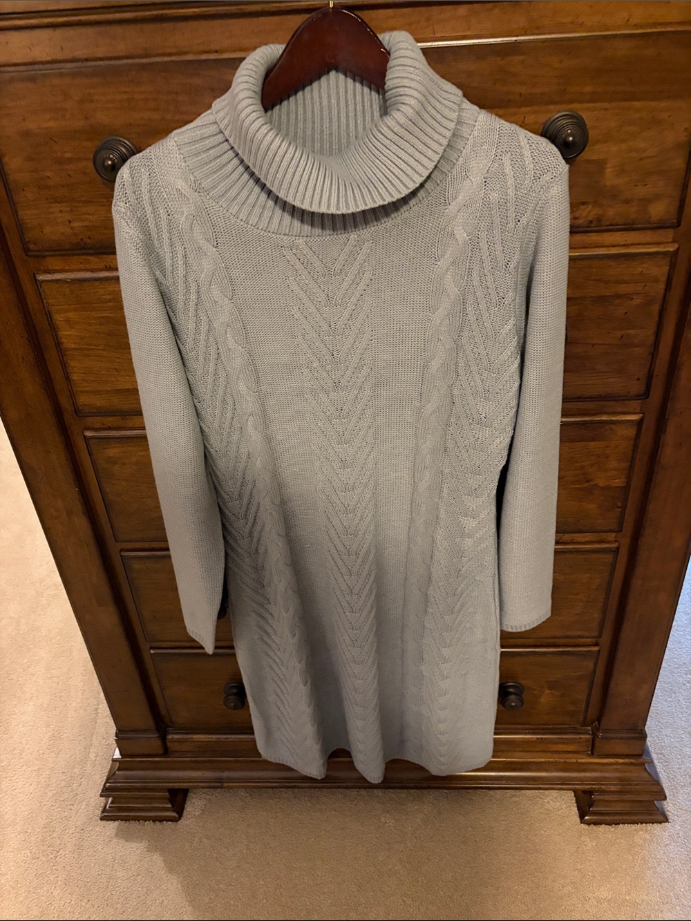 Soft Cable-Knit Turtleneck Dress in Light Gray
